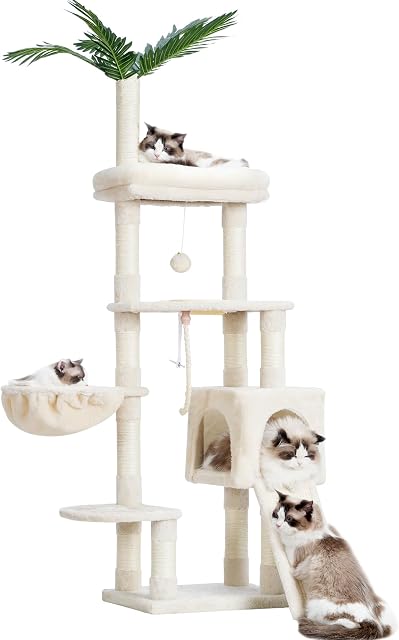 Heybly Arbre de chat, 65.4 Tour de chat pouces pour les chats d'intérieur, Condo Cat avec perches, Panier, Feuille, Bol d'alimentation, Meubles de chat moderne en peluche multi-niveaux avec des poteaux de Scratching, Beige HCT015M