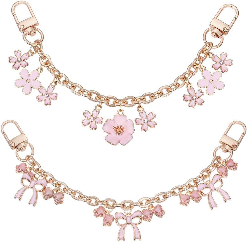 Beebeecraft 2Pcs 2 Styles Bow Purse Chain Strap Replacement Flower Purse Extender Gold Decorative Bag Chain Enamel Pink for Wallets Bag Handbag, 8in