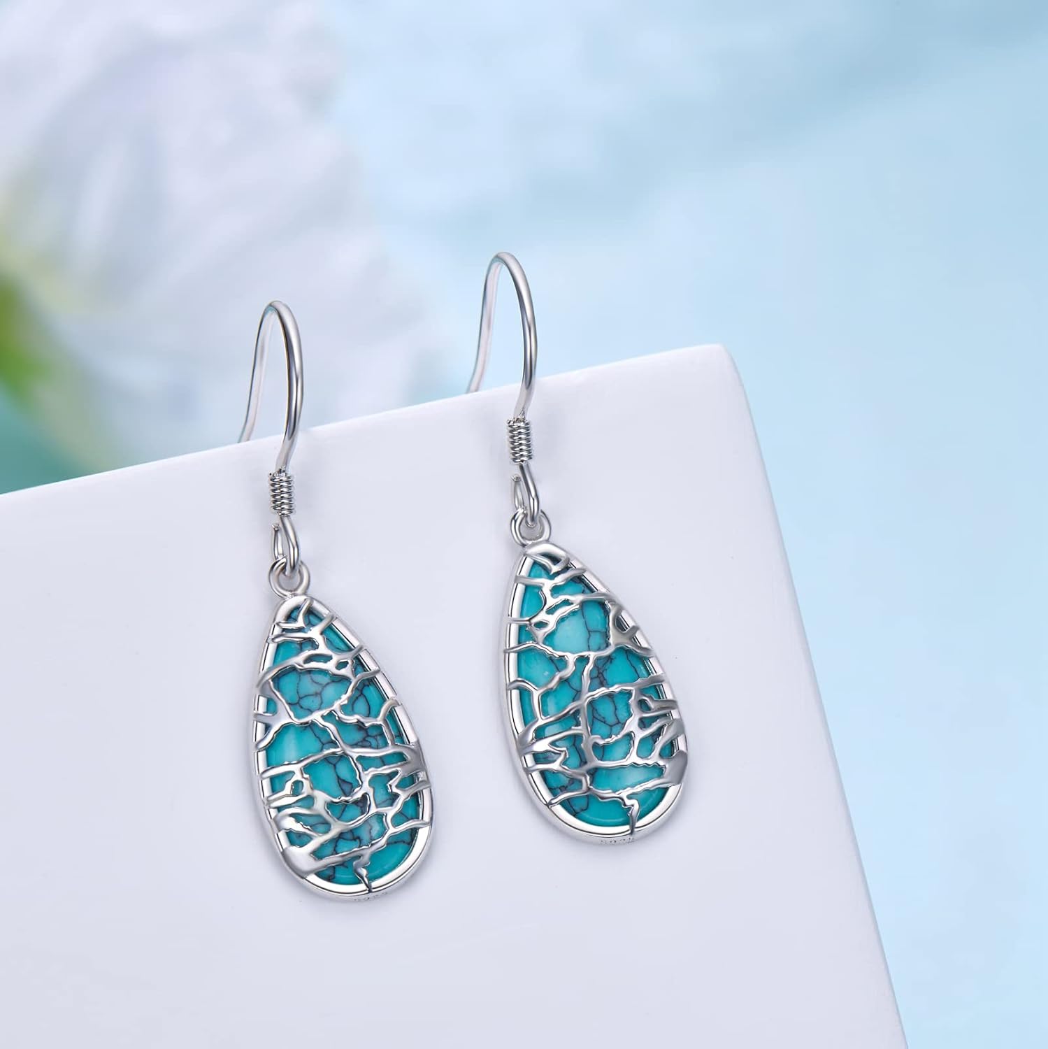 Turquoise Earrings 925 Sterling Silver Turquoise Teardrop Dangle Earrings for Women Western Jewelry Gift for for Women Mom Birthday Present - Image 4