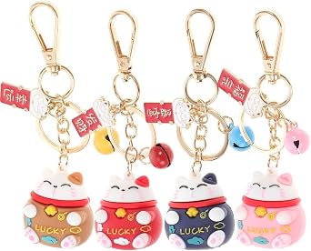 4pcs Lucky Keychain Maneki Neko Keyring Bag Charms with Bells for Purse Bag Handbag Backpack Birthday Christmas Party Favors