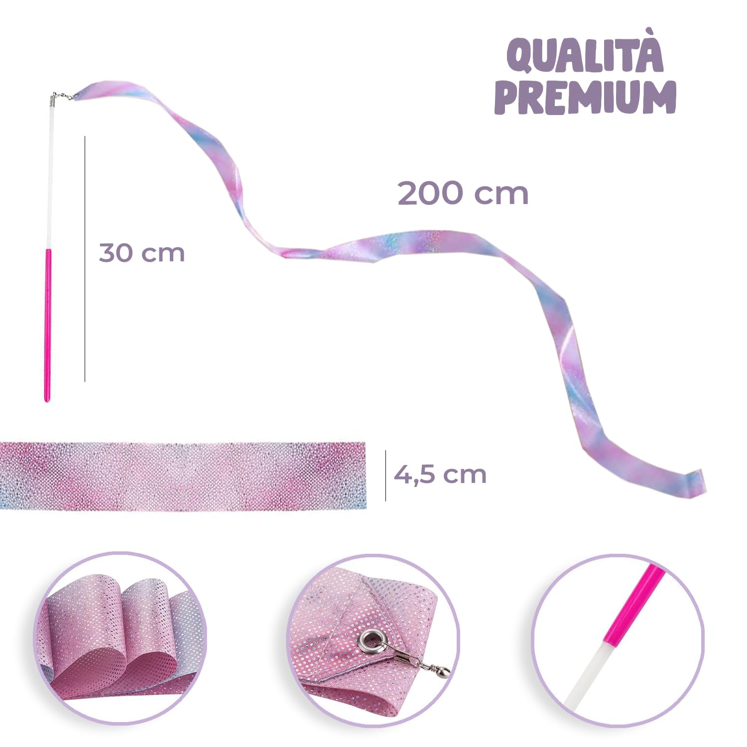 Nastri Ginnici Rosa 2m per Danza Ginnastica Ritmica Sportiva Bambini Adulti
