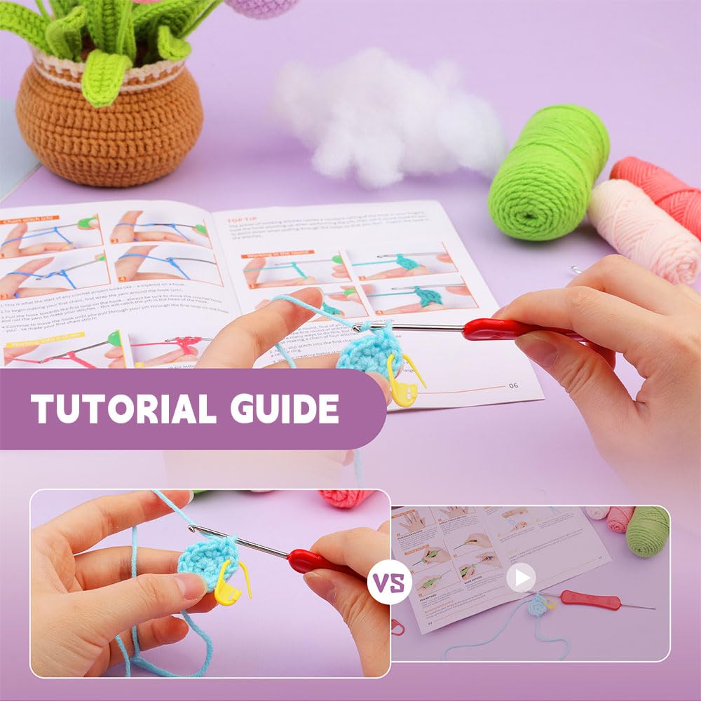 Mecmbj kit uncinetto principianti, Kit Tulipano all'uncinetto, Ornamento in vaso di fiori lavorato a maglia per donna, uncinetto per principianti per adulti con istruzioni video passo (Tulipani)