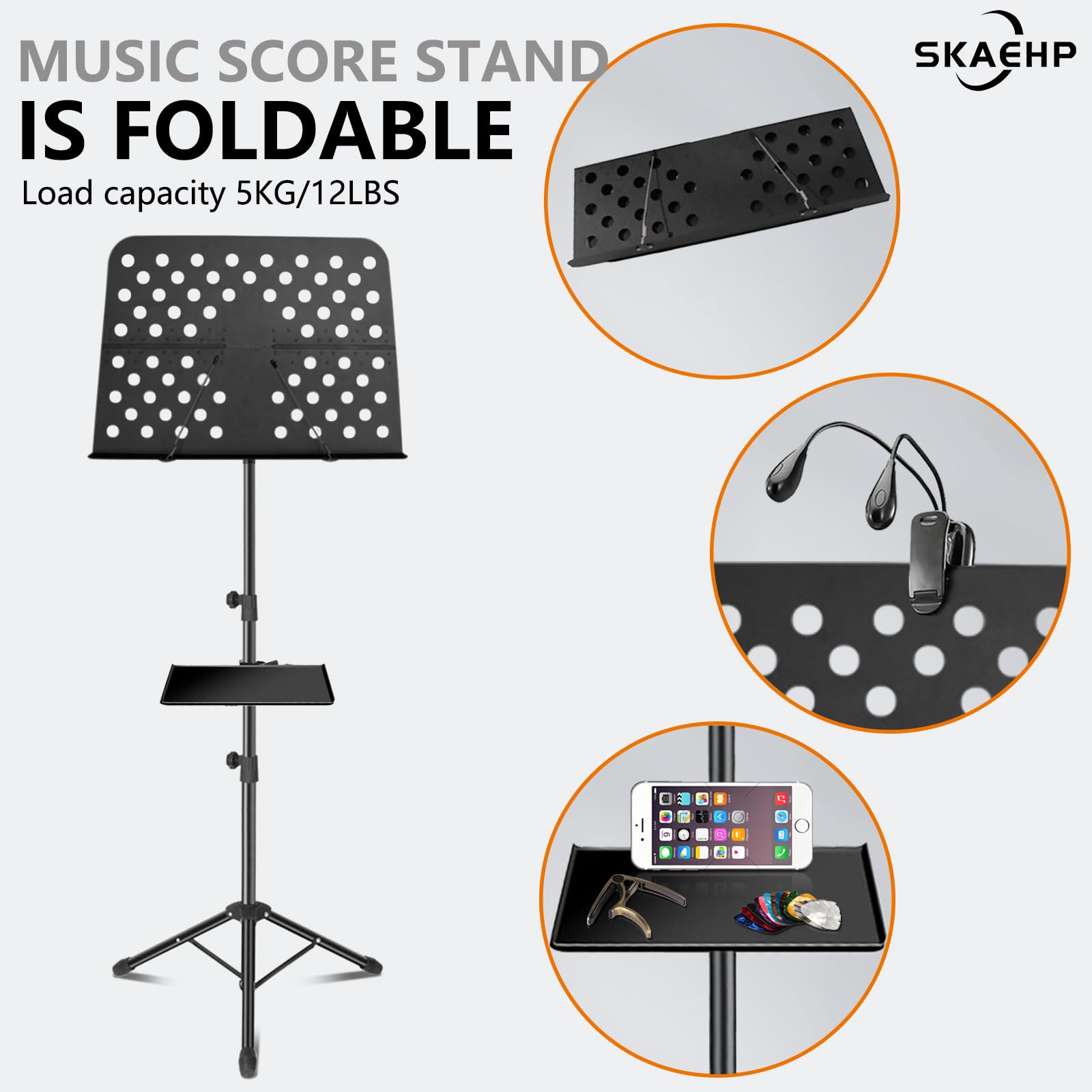 Soporte de música de metal con luces, con luces de doble cabeza, alta estabilidad, altura ajustable y viene con una funda de transporte (70 - 150 cm).