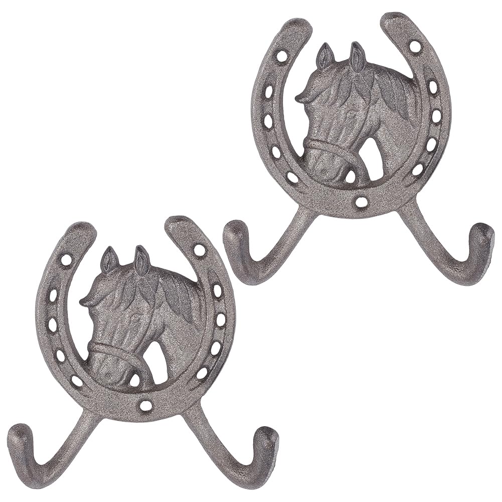 WADORN Horseshoe Shaped Double Wall Hooks Horse Western Cast Iron Hangers Rustic Key Coat Hat Hooks Vintage Clothes Rack for Living Room Rodeo Nursery Cowgirl House Holiday Decorations, Antique Silver