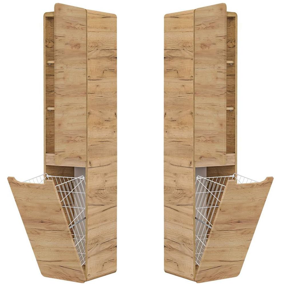 Lomadox Badezimmermöbel Set Eiche, Keramik Waschtisch mit Unterschrank, Spiegelschrank mit LED-Beleuchtung, Hochschrank mit Wäschesammler, Hänegschrank, Unterschrank