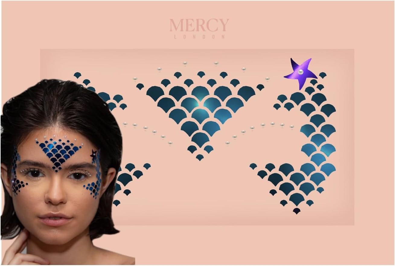 Mermaid Scales Face Jewels ✮ Mercy London Costume Accessories Face Gems Jewels All In One Halloween Headpiece Stick On
