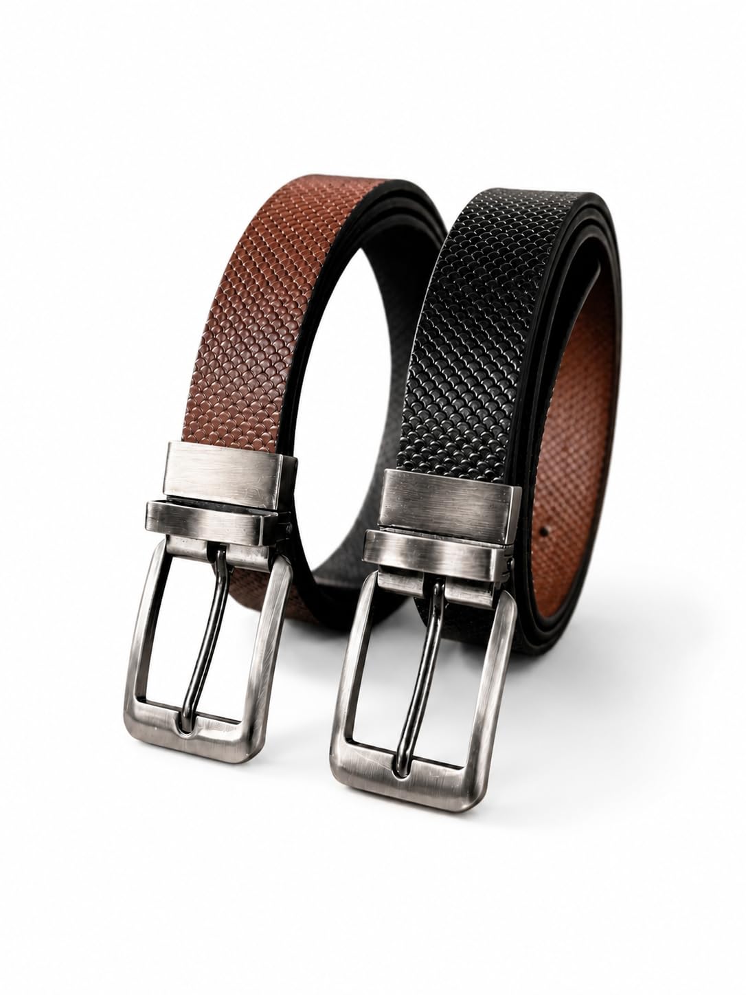 Men’s Genuine Leather Belt Combo Pack | Textured Formal & Casual Waist Belt for Men | Stylish Reversible Black & Brown Pin Buckle Belts-picture-32