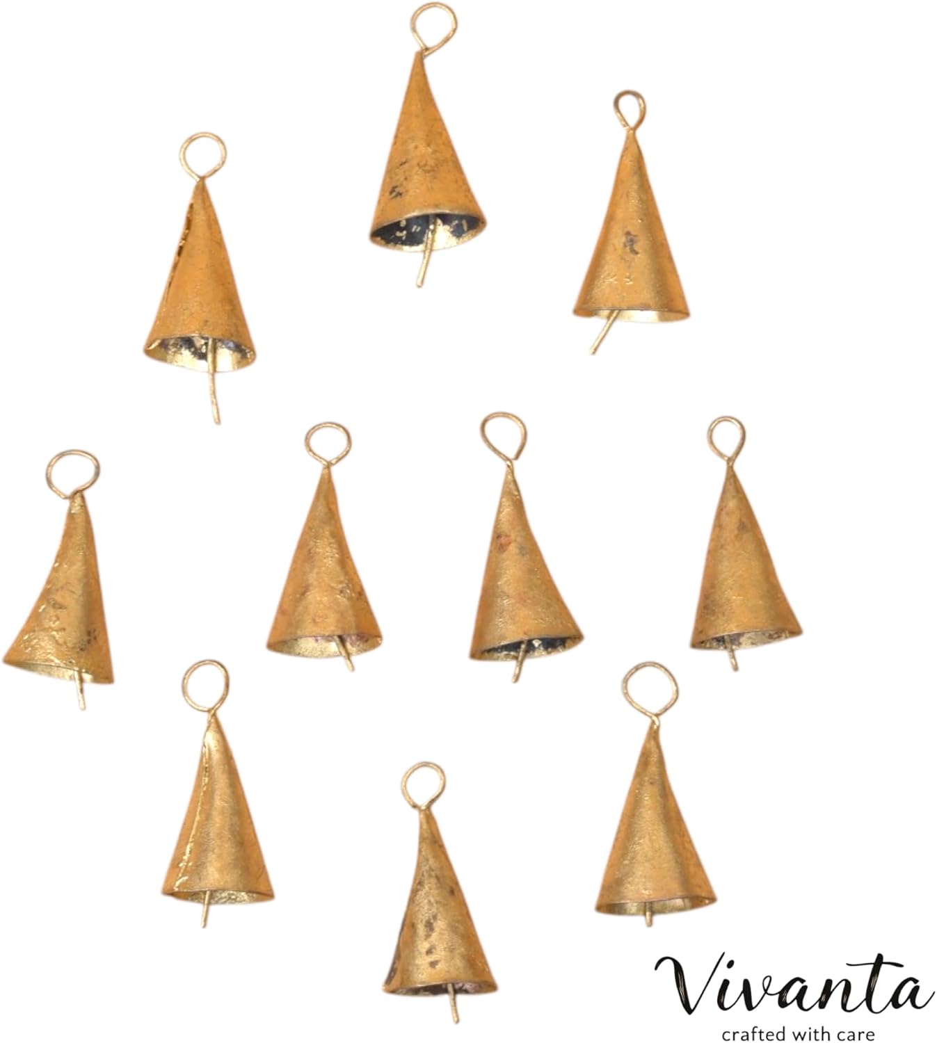 20 Pcs Small Gold Metal Craft Bells 2"– Rustic Cone Cow Bells for Crafts, Jingle Bells for Crafting, Christmas Bell Tree Ornaments, Witch Bells, Vintage Boho Decor, Garden Wind Bell, Sleigh