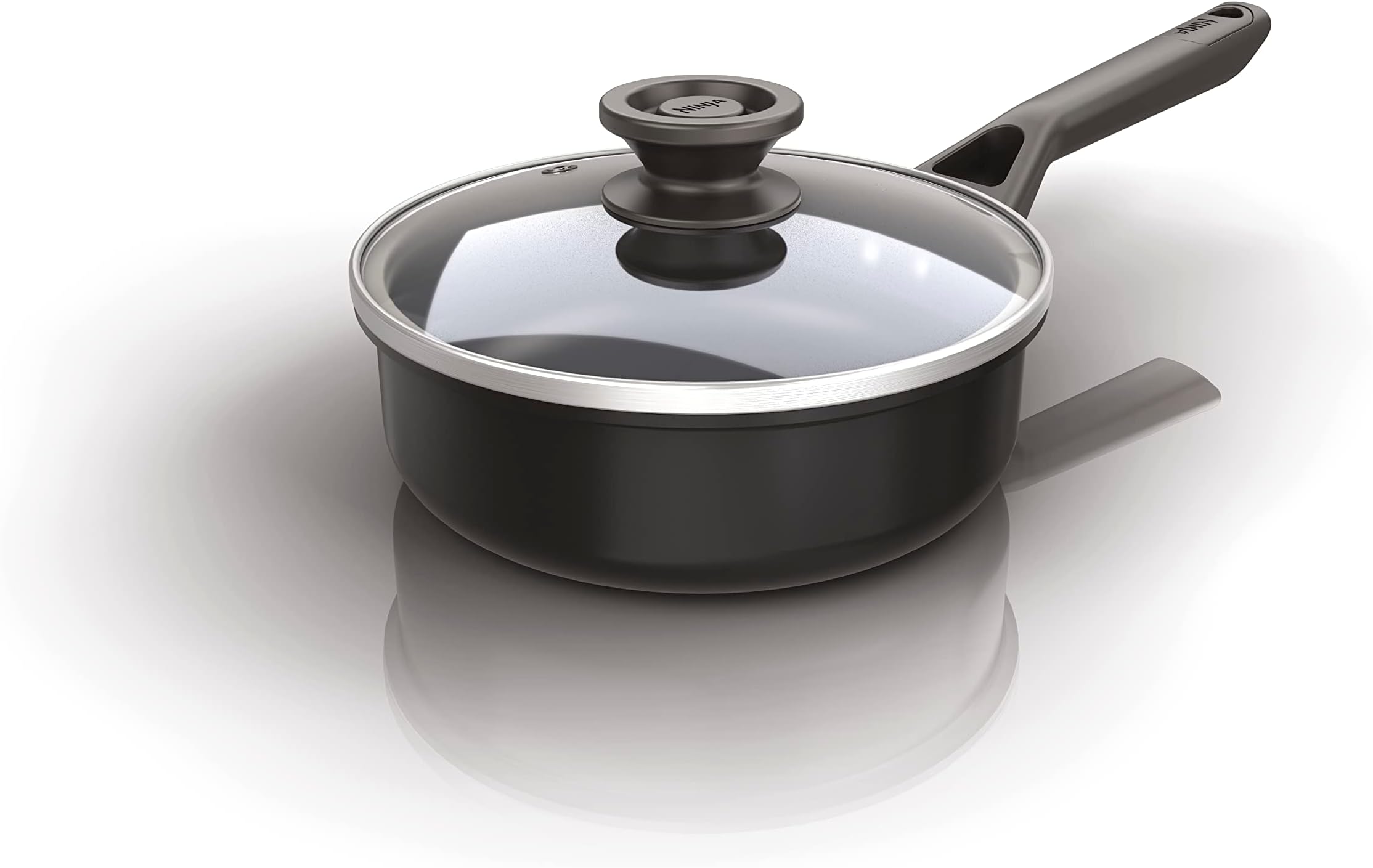 Ninja ZEROSTICK Classic Cookware 16cm Saucepan, Non-Stick, Long Lasting Aluminium Saucepan, Induction Compatible, Oven Safe to 180°C, Glass Lid, Black CW50216UK