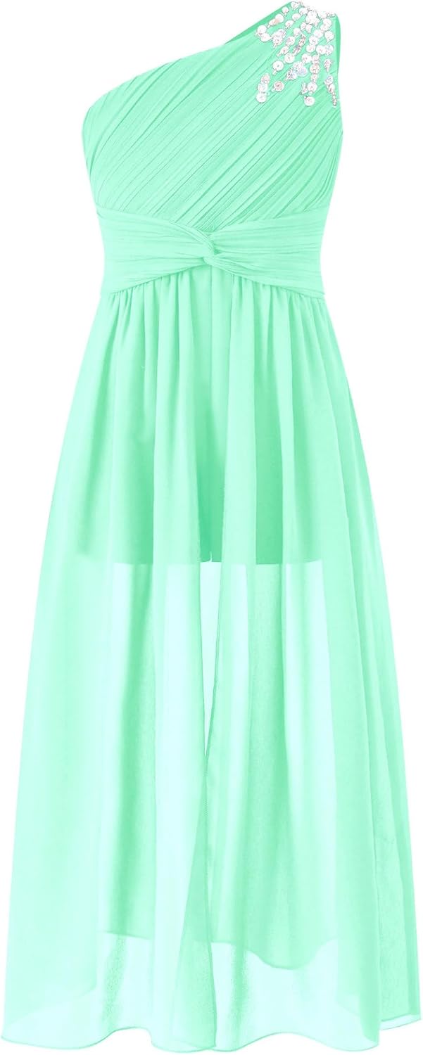 Sywiyi Kids Flower Girls Beaded Ruched Pageant Dress Junior Bridesmaid Gown One Shoulder High Low Gowns