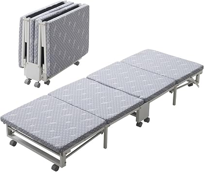 EMOOR MEHOL Folding Rollaway Bed with Mattress Gray, 4-Foldable Portable Japanese Compact-Size No Assembly