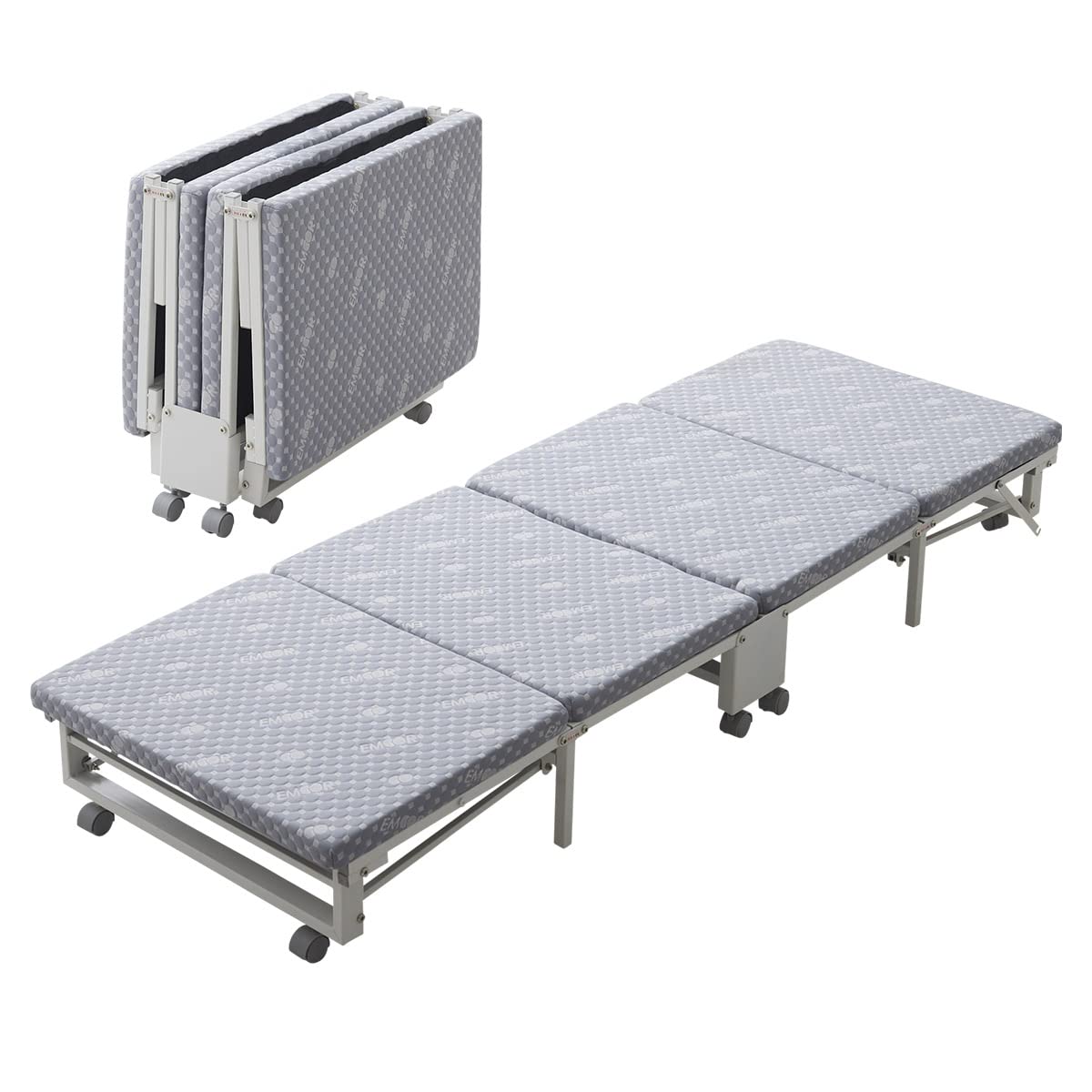 EMOOR MEHOL Folding Rollaway Bed with Mattress Gray, 4-Foldable Portable Japanese Compact-Size No Assembly