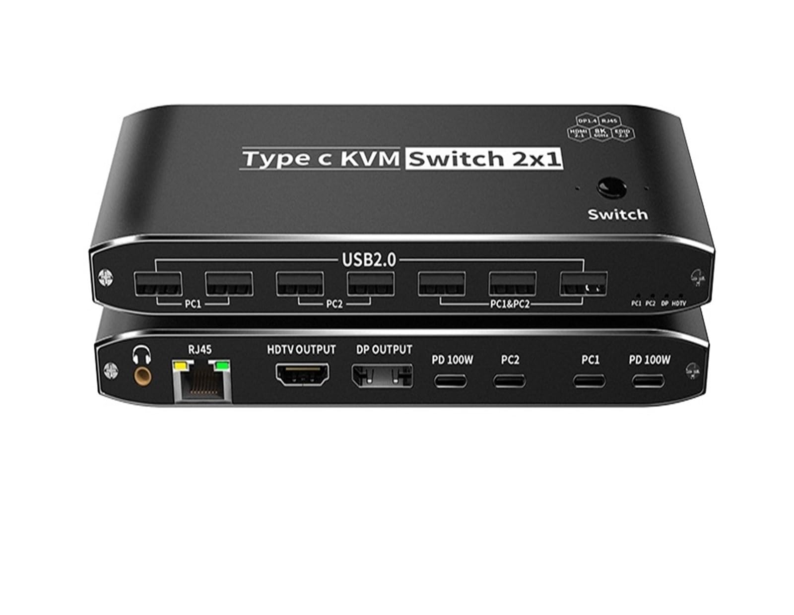 Commutateur vidéo, Commutateur KVM USB C vers HMI DP 3500 W 8K 4K 120 Hz avec port réseau RJ45 PD 100 Charge for 2 PC 1 moniteur TV