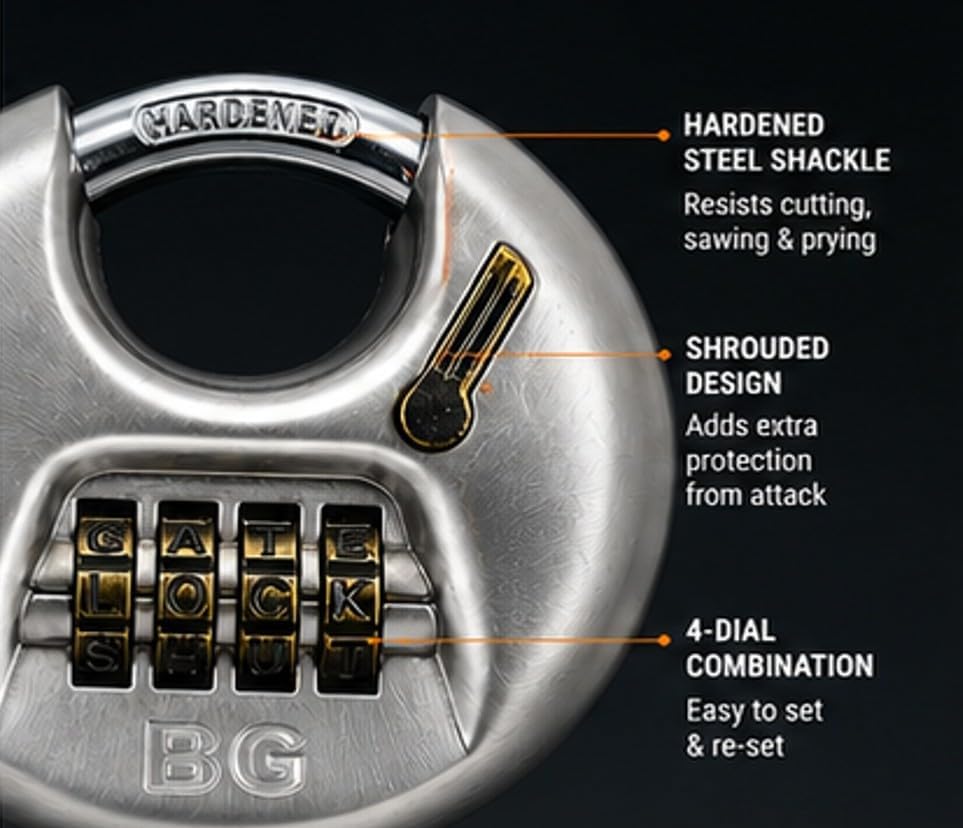 Letter Combo Lock, 80mm Disc Lock, Combination Lock Outdoor Ideal for Storage, Moving Trucks, Shed, Trailer, & Garage. Heavy Duty Stainless Steel & Anti-Rust Padlock. Weather Resistant & ASTM Rated.