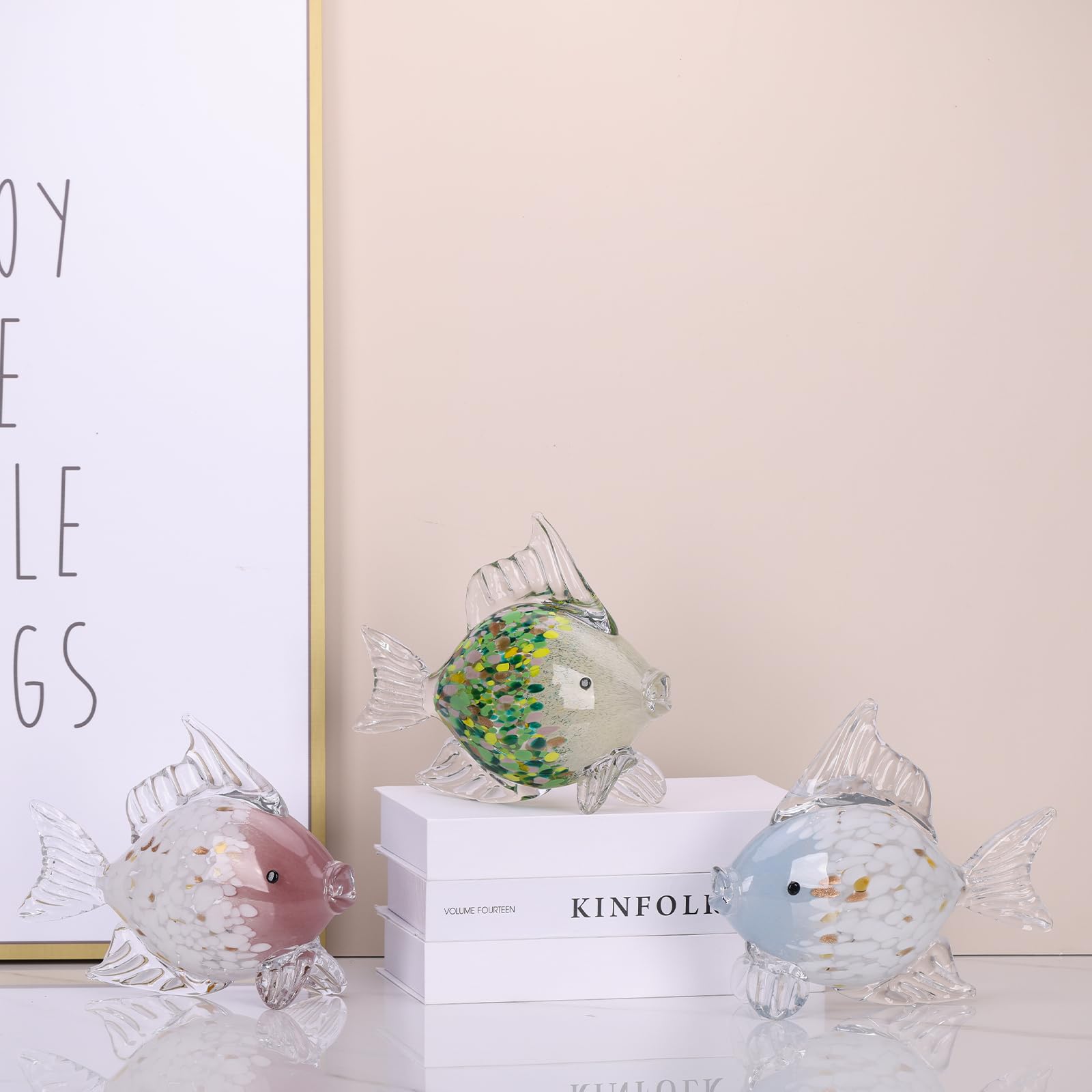 Figuras grandes de peces de vidrio soplado a mano, decoración de peces de cristal tropical, arte de cristal de mar, escultura de estatua de pez verde esmeralda, decoración moderna para el hogar, para