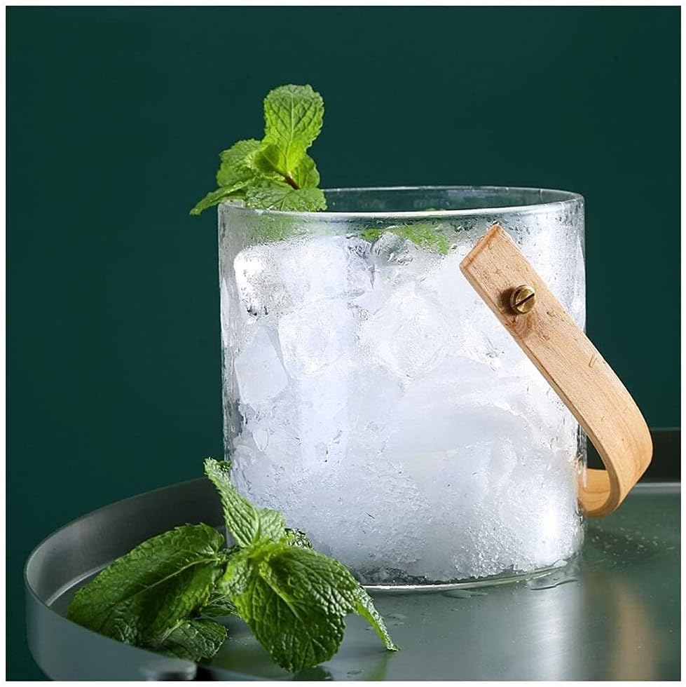 Glass Ice Bucket with Bamboo Handle - Large Capacity Beverage & Fruit Storage Bucket