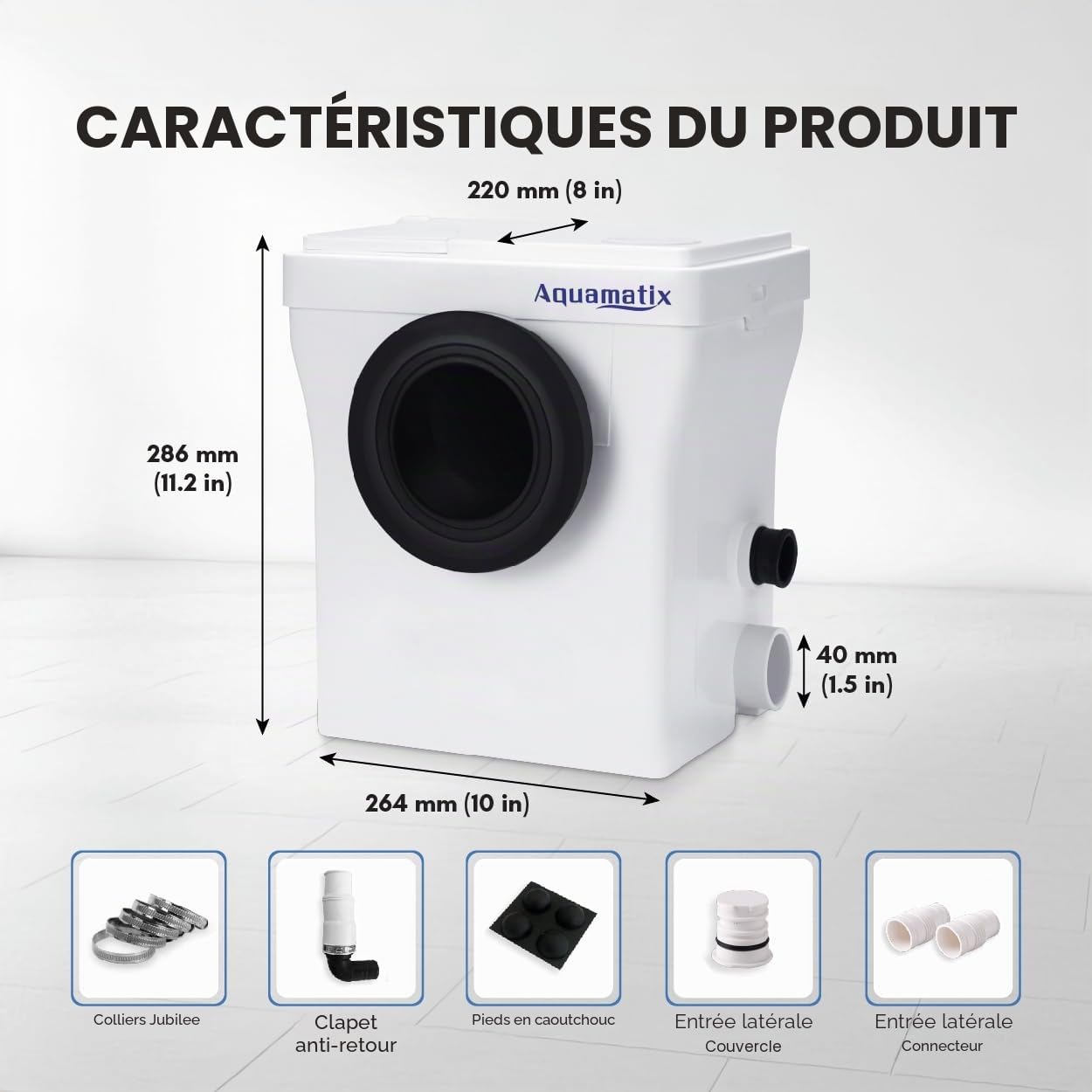 Aquamatix Cubo 400W Broyeur Sanitaire 110L/min Pompe de Relevage avec filtre à charbon 3 entrées pour toilettes, éviers et baignoires, Distance de pompage verticale de 8m