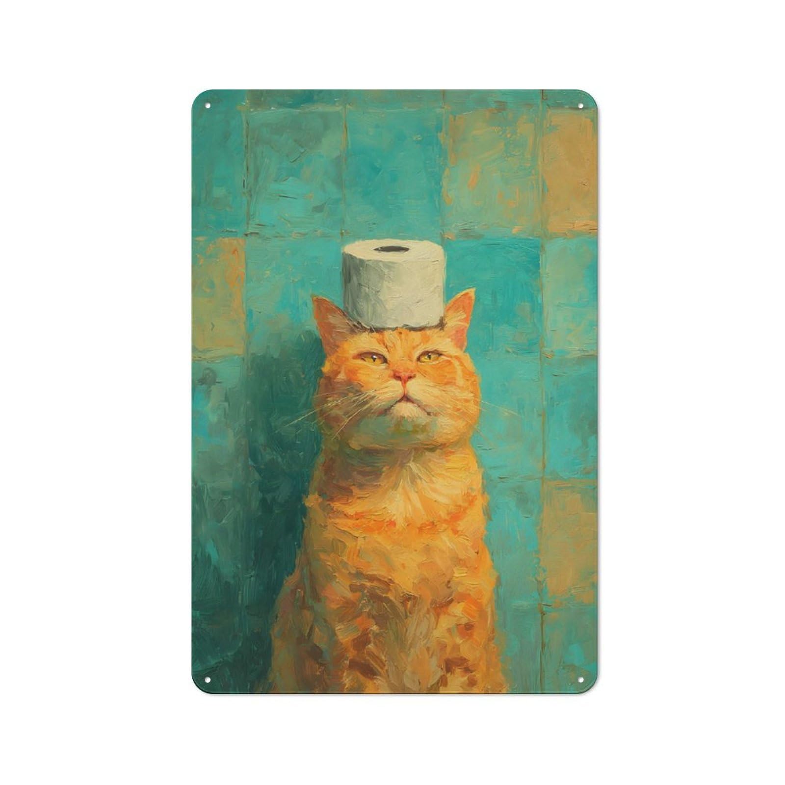 Junmoney Style-5 Tin Wall Plaque 30X20cm With Cat With Toilet Paper Hat Painting For Workshop Wall, Housewarming Wall Decor For People Furnishing Workshop