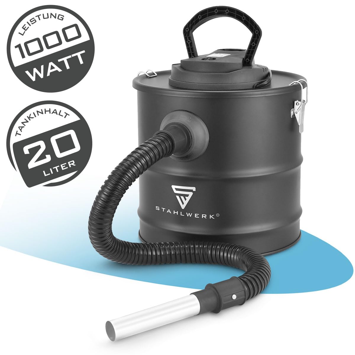 STAHLWERK Aspiratore per cenere – 1000 Watt di potenza, grande serbatoio da 20 litri, aspirapolvere per camino con filtro HEPA e funzione di soffiaggio, per ceneri fredde, forno, barbecue e officina