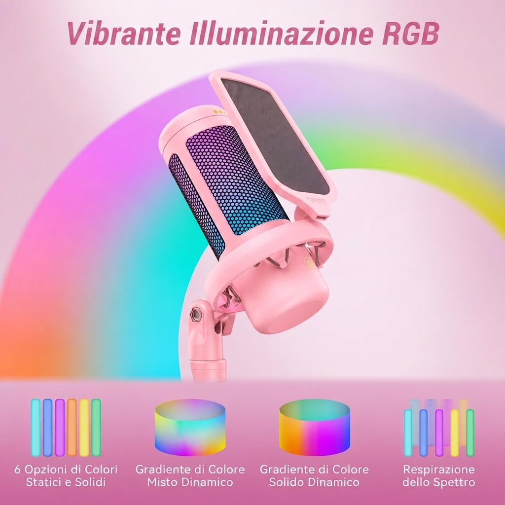 TONOR Gaming Microfono, USB Mic con Supporto per Braccio, Micro a Condensatore Cardioide con RGB e Luminosità Regolabili, Mute Rapido, Controllo del Guadagno, per Streaming, Gaming,Rosa, TC310+