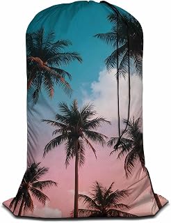 Swono Palm Trees Drawstring Portable Large Capacity Laundry Bags Sunny Day Tropical Aloha Summer Holiday Travel Storage Bags for Apartments Vacations Home, Hawaii, 28x40 Inch