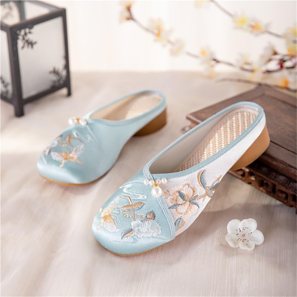 2025 Wykwintne Haftowane Kwiatowe Damskie Kapcie Buty W Stylu Chińskim Cheongsam Hanfu Lekkie, Swobodne, Okrągłe, Mule Eleganckie, Zabudowane Kapcie