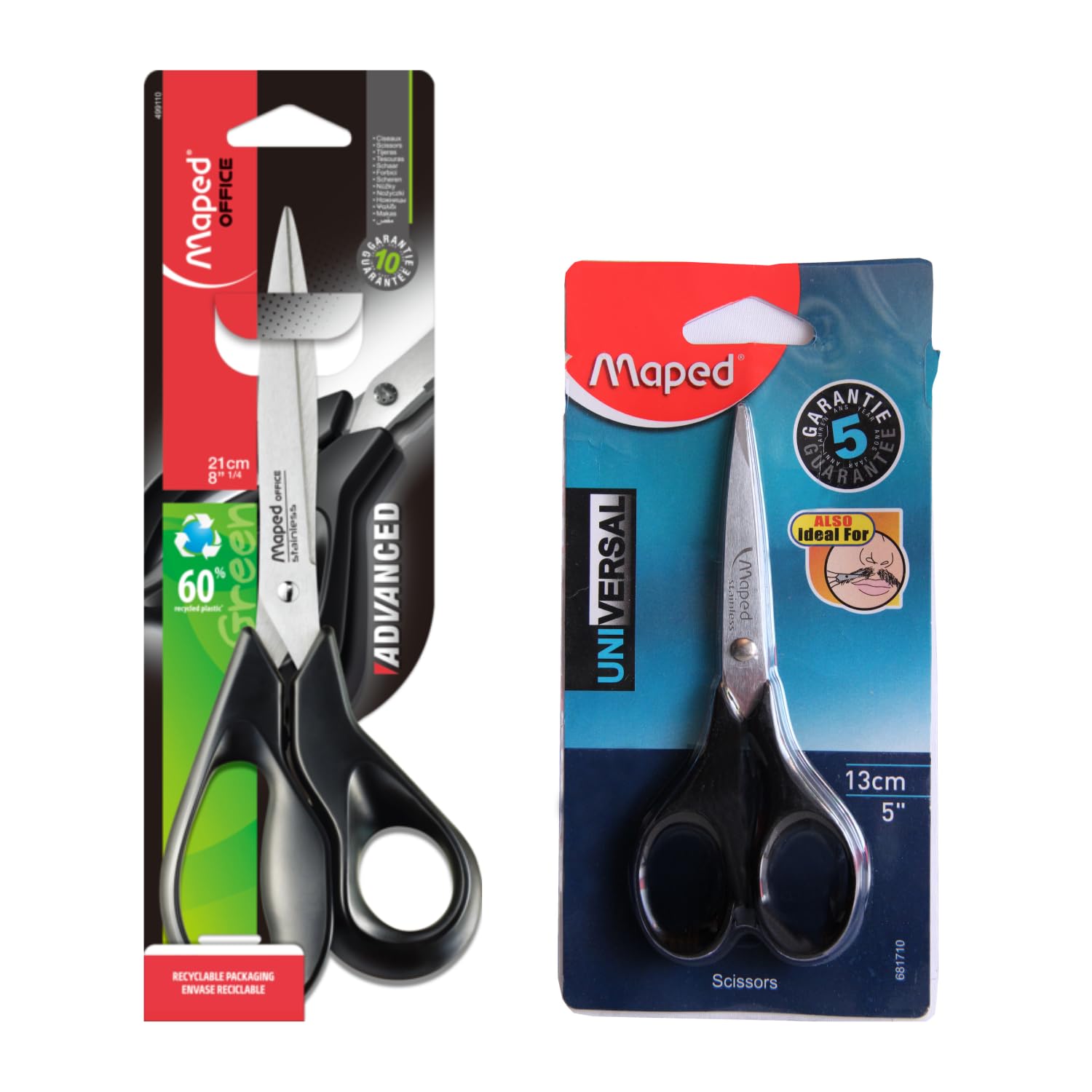 Maped Scissor Combo-2pcs| Home, Kitchen & Office Multipurpose use | Universal 13cm & Advance 21cm| Super soft Grip Handles Heavy Duty stainless steel & Durable Blades|Precision Pointed tip for cutting