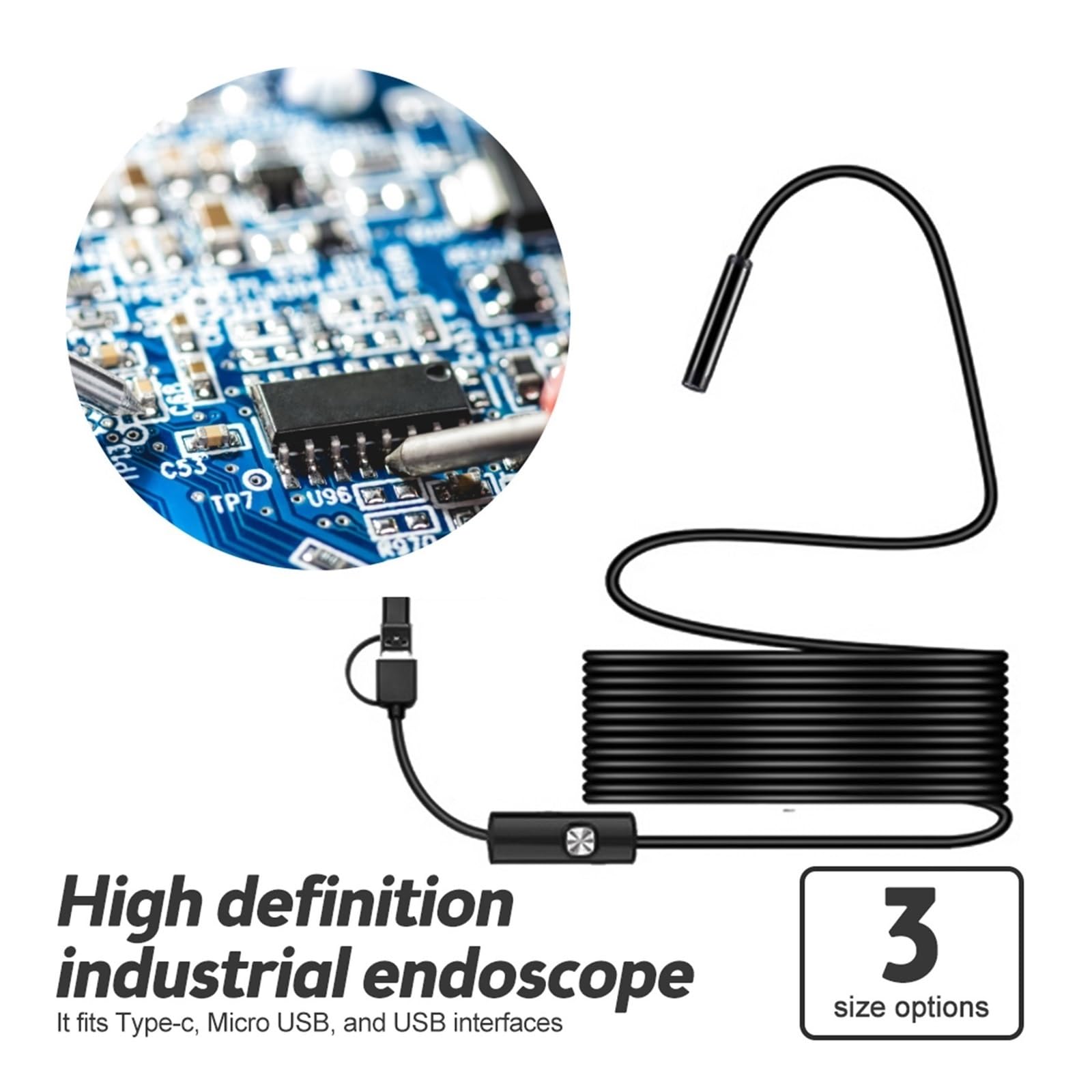 5,5-mm-Industrie-Endoskop mit 6 LEDs, 3-in-1-Anschluss, USB/Micro-USB/Typ-C-Anschluss, wasserdichte Inspektionskamera für Smartphones (1–5 m)