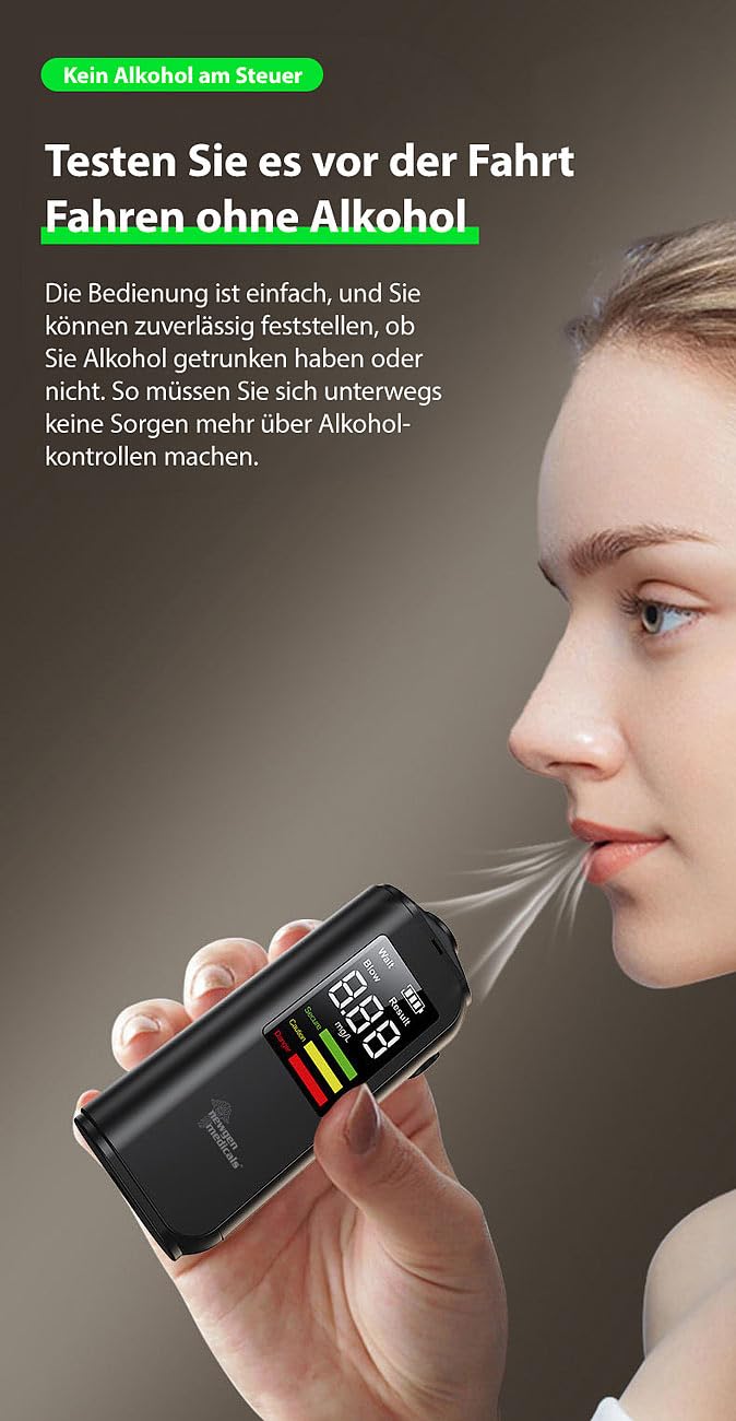 Newgen Medicals Alkoholtester für Auto: Berührungsloser Alkoholtester mit LCD-Anzeige, LED-Farbskala und Akku (für unterwegs, hygienisch)