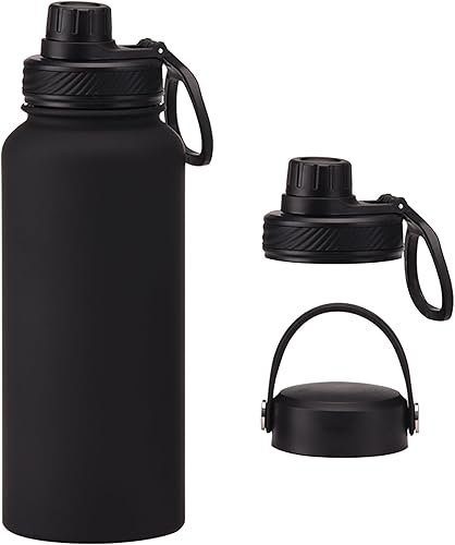 Botella de agua negra aislada de 32 onzas, botella de agua grande de acero inoxidable de metal, botella de agua para hombre, para gimnasio,