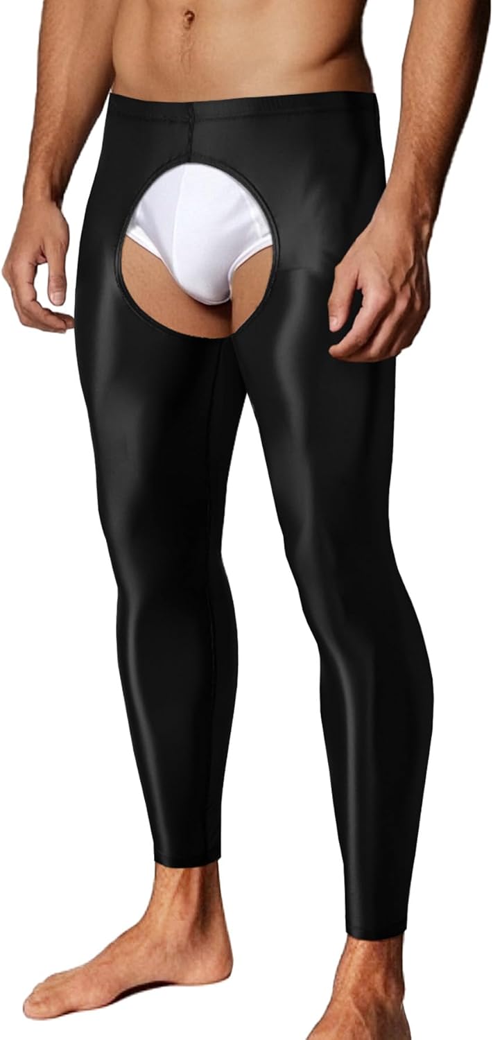 JINSHI Men’s Open Front Thermal Underwear Bottoms Male Glossy Slim Fit Long Johns Tights Compression Pants S-2XL