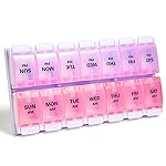 Sukuos AM PM Weekly Pill Organizer 7 Day, 2 Times A Day Medicine Pill Box with Easy Push Button, BPA Free Vitamin Cases for Fish Oil/Supplements, Easy to Clean (Purple&Pink)