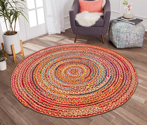 Hausattire Bohemian Braided Rug 5' Round - Multi Color, Rustic Hand Woven Rag Rugs for Kitchen, Kids Bedroom, Living Room | Colorful Farmhouse Pet Friendly Reversible Decorative Carpet