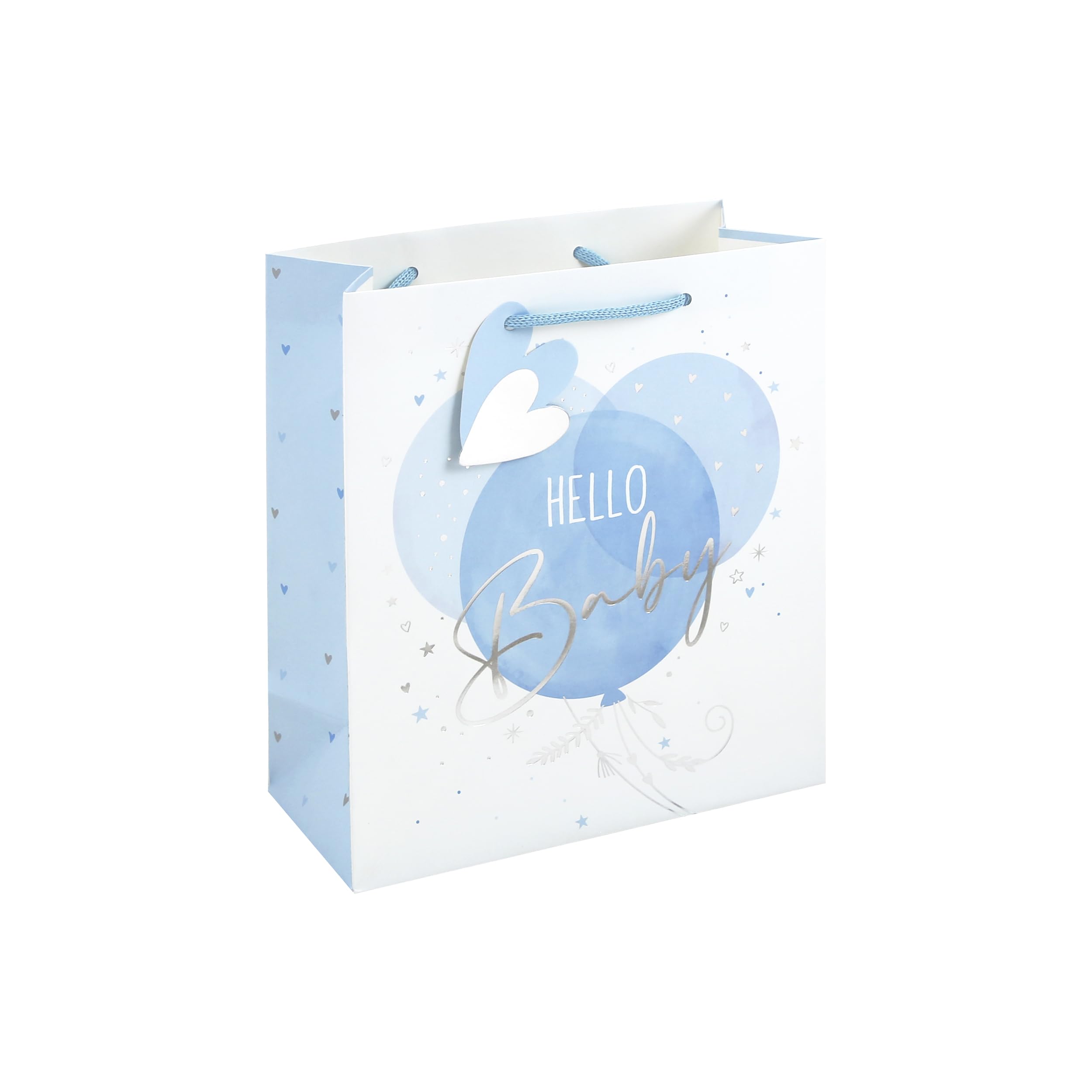 Eurowrap Hello Baby Medium Gift Bags Pack of 6 – Blue Balloon Baby Boy Present Bags with Foil Finish, White Kraft Paper & Paper Woven Handles – New Baby Gift Packaging