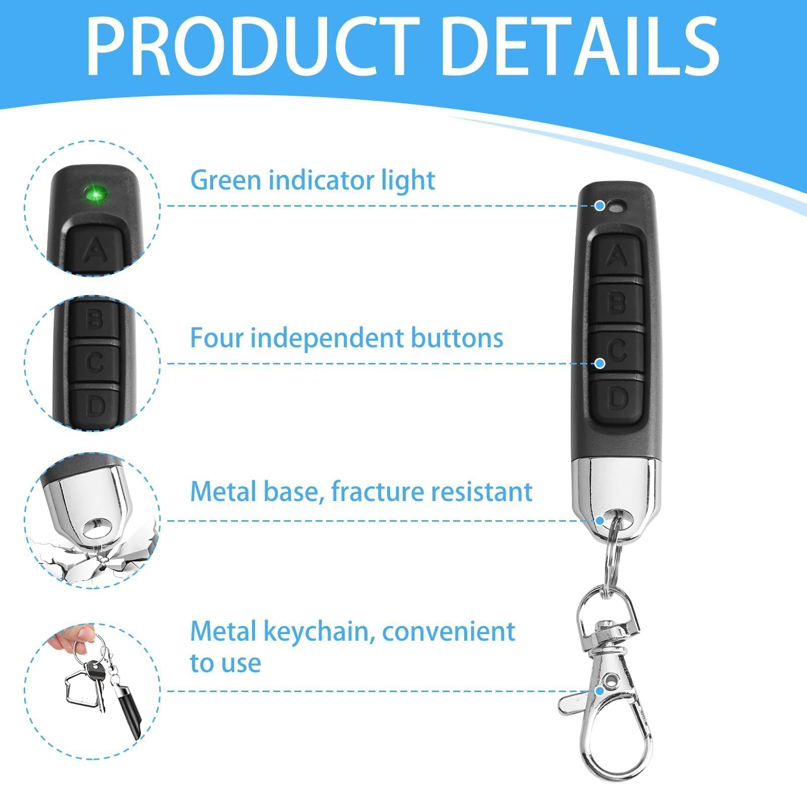 2Pcs Universal Garage Door Remote Control 433MHz Copy Remote Opener Wireless Cloning Key Fob Black 4 in 1 Universal Remote for Electric Gates Alarm Systems Roller Shutters Home Automation - Image 3