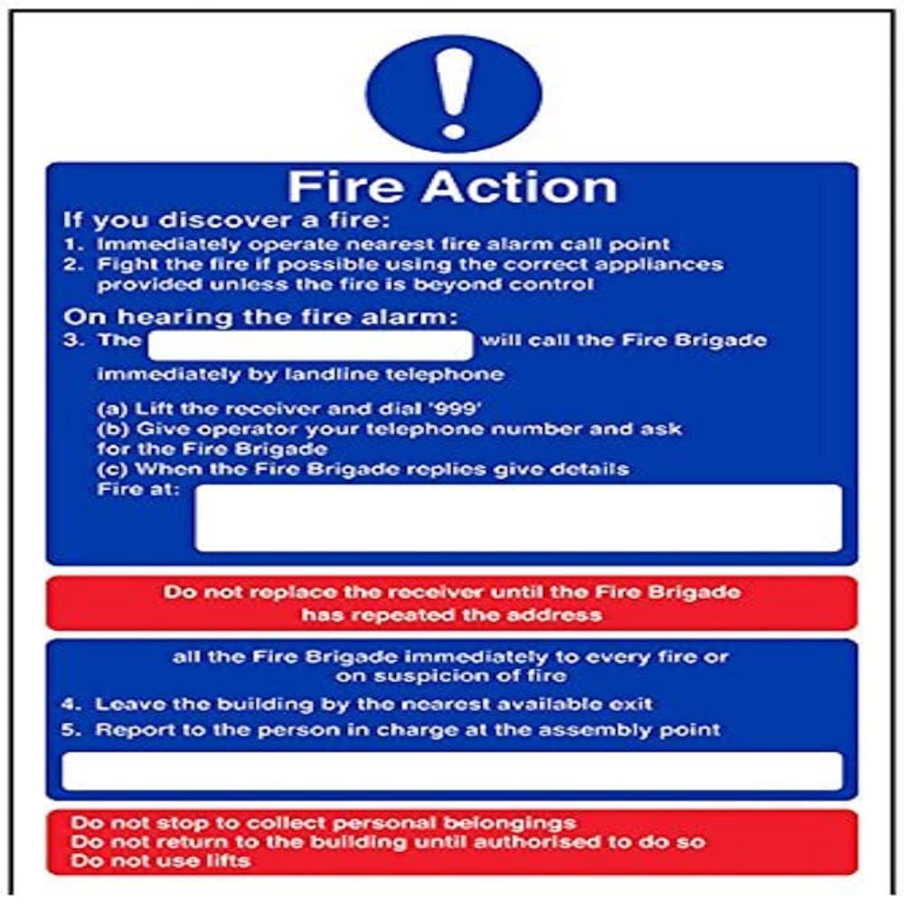 V Safety 12008AU-S General Fire Action Suspicious Fire Sign - Portrait - 200mm x 300mm - Self Adhesive Vinyl, Blue/Red