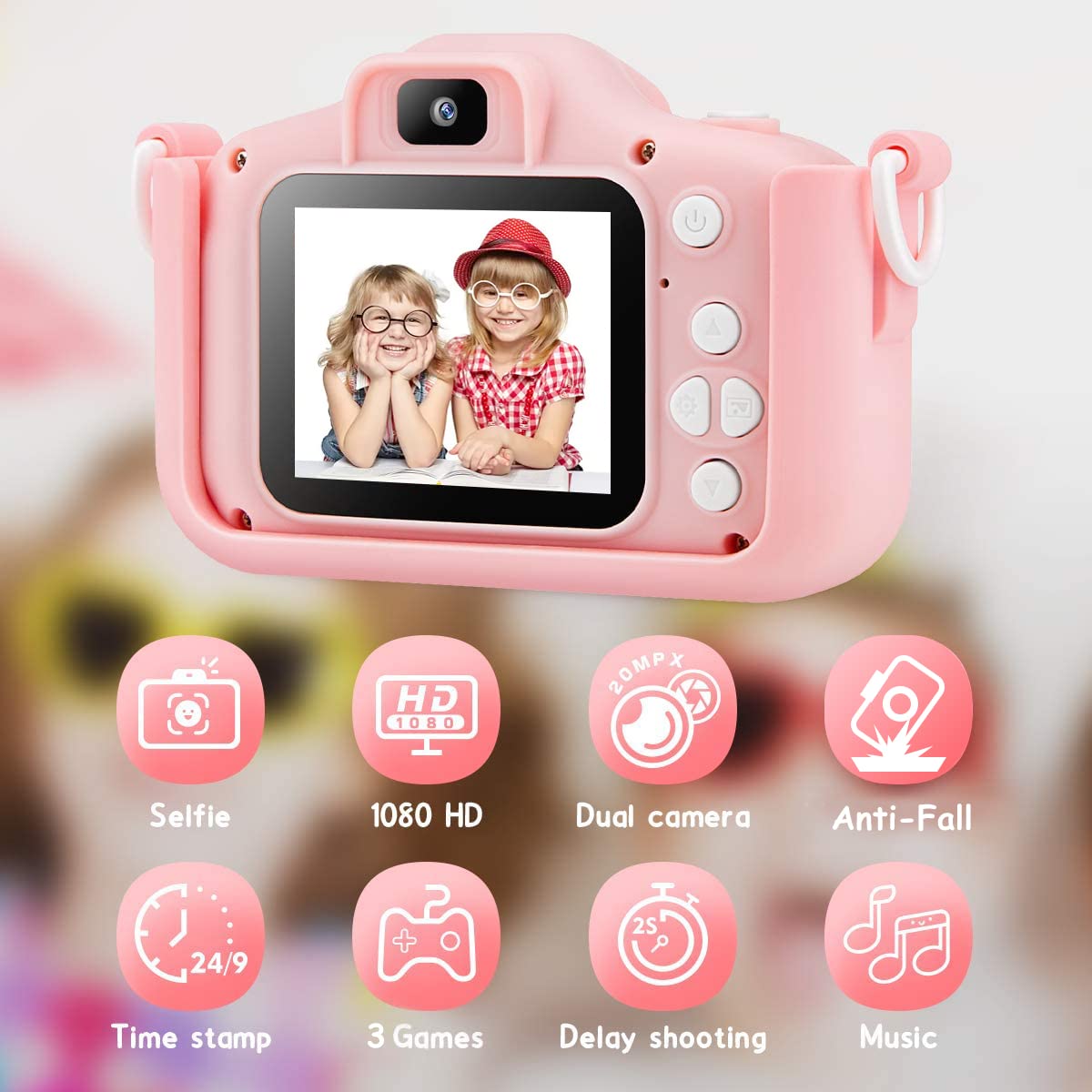 Aparat dziecięcy z miękkim silikonowym etui z kreskówki, dla dzieci od 4, 5, 6, 7, 8 lat, z kartą SD 32 GB, ekran 2,0", 1080p HD, 20 MP, aparat dla dzieci dla chłopców i dziewczynek, zabawka, prezent