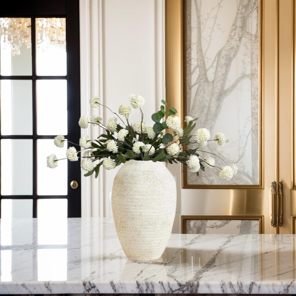 Faux Kiku Flower White - 12 Floral Stems for Vase | Chrysanthemum Faux Flowers | Realistic Artificial Flowers Pompom Mum | Silk Flowers for Home Decor Indoor