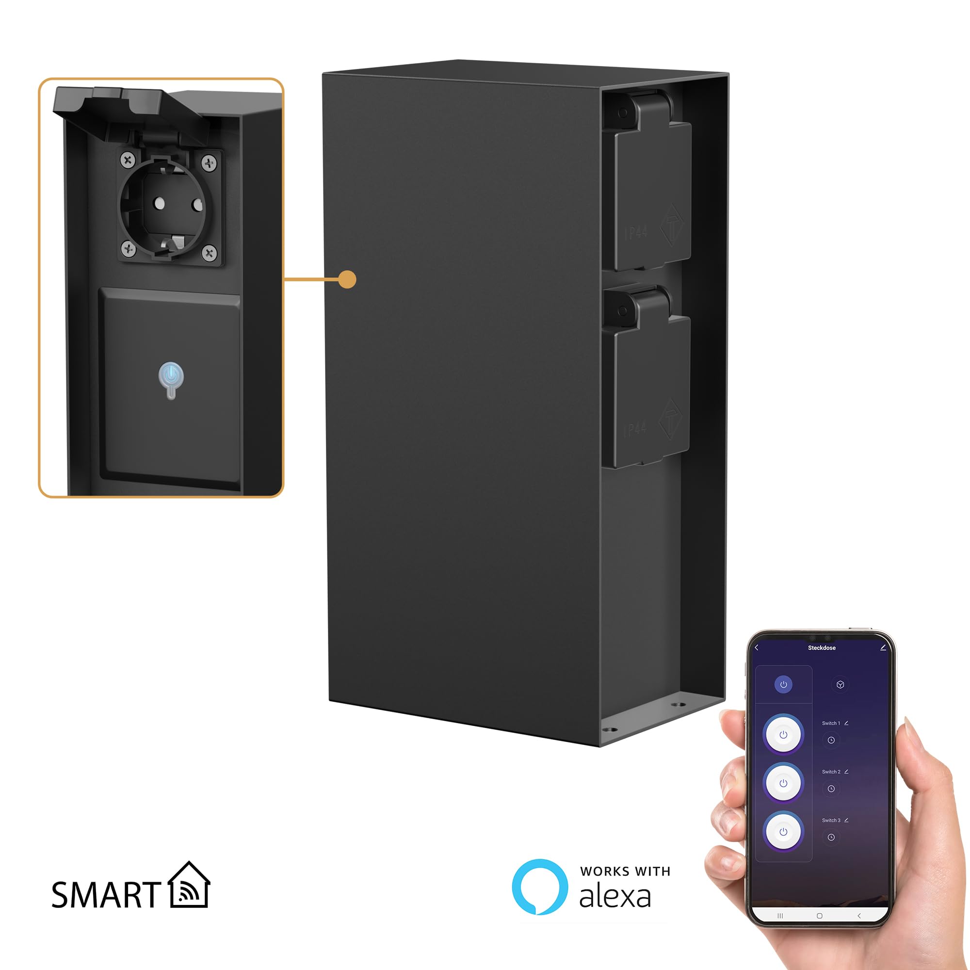 ledscom.de Garten Steckdosensäule POMI für außen, IP44, Smart Home, WLAN, Alexa, 3-Fach, Edelstahl, schwarz, eckig, 23 cm