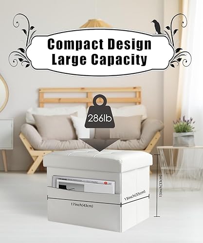 Miniatura 3 de Reposapiés plegable otomano de almacenamiento de 17 pulgadas con bolsillo lateral, reposapiés de almacenamiento de cuero, taburete otomano acolchado