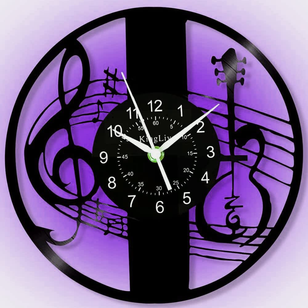 Reloj de pared de vinilo, patrón de guitarra musical con función de luz nocturna de 7 colores, regalo para los amantes de la música en bicicleta.