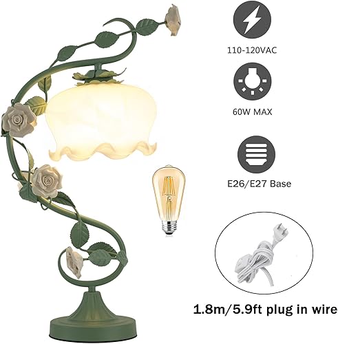 Miniatura 4 de TFCFL Lámpara de mesa de flores rosas para dormitorio, lámpara de escritorio de vidrieras, elegante lámpara de mesa enchufable, lámpara de mesita de