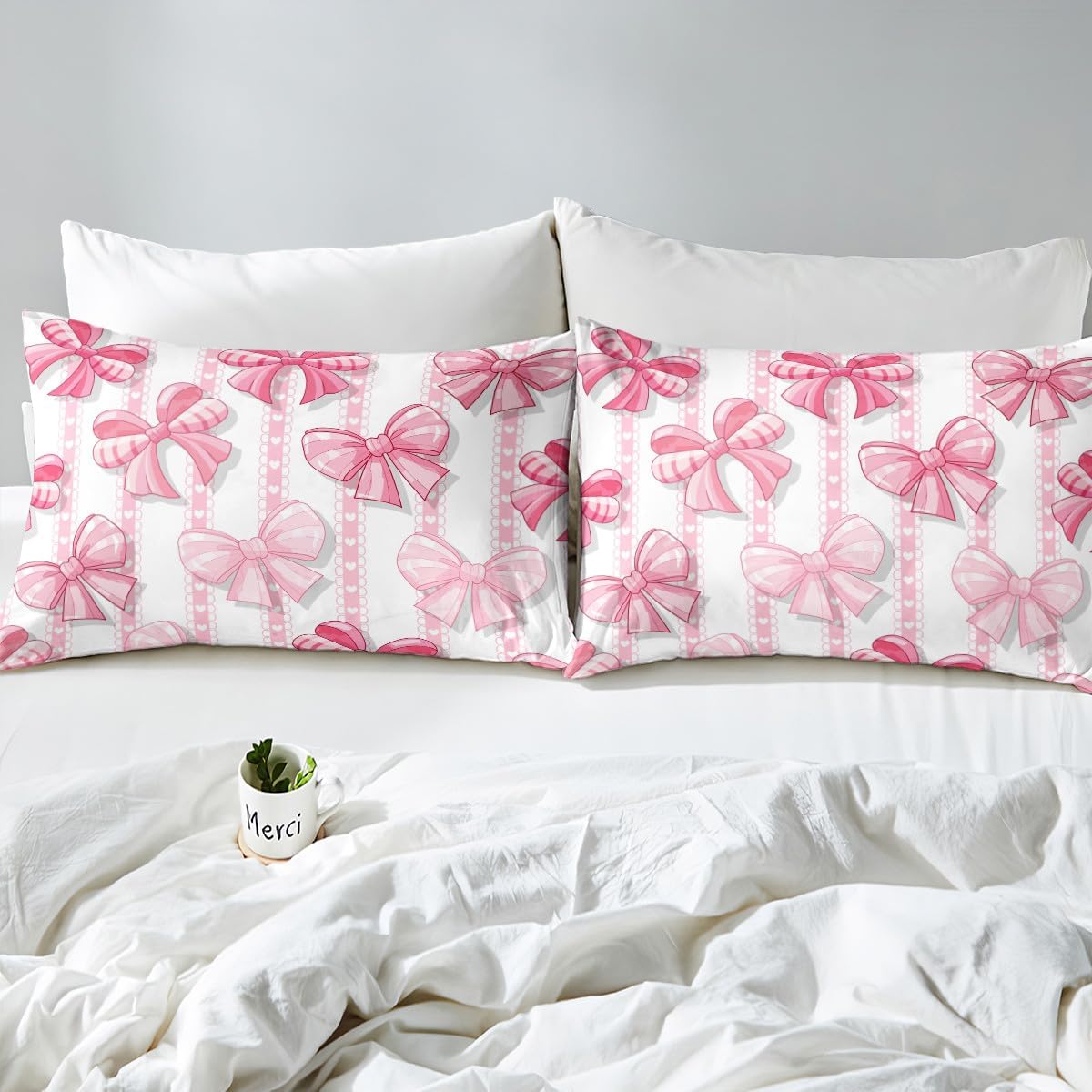 Erosebridal Pink Kawaii Bowknot Toddler Comforter Cover Cute Cartoon Bow Bedding Set for Kids Girls Teen Women Bedroom Decor,Dreamy Princess Butterfly Knot Duvet Cover Watercolor Lace Bow Bed Set