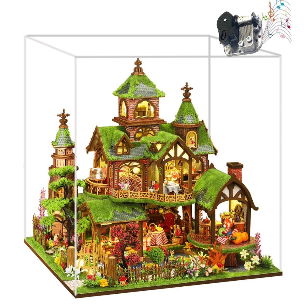 Casa de muñecas DIY en miniatura casa de madera con iluminación LED, tema del castillo del bosque, música, rompecabezas de madera 3D estantería (con tapa antipolvo)