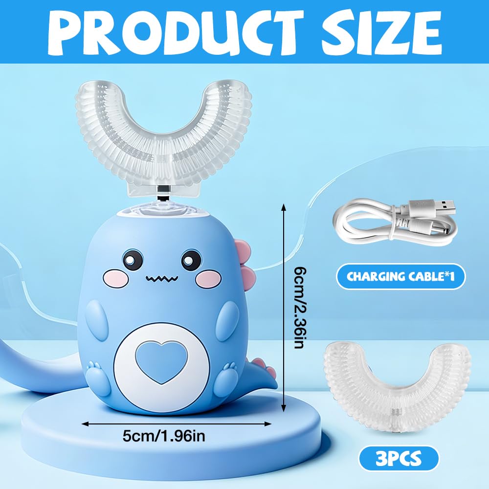 Cepillo Electrico Infantil 2-8 años, NAVESO Ultrasónico Cepillo de Dientes Eléctrico Niños en Forma de U, 360° Dinosaurios Electric Toothbrush Infantil con 3 Cabezales de Silicona