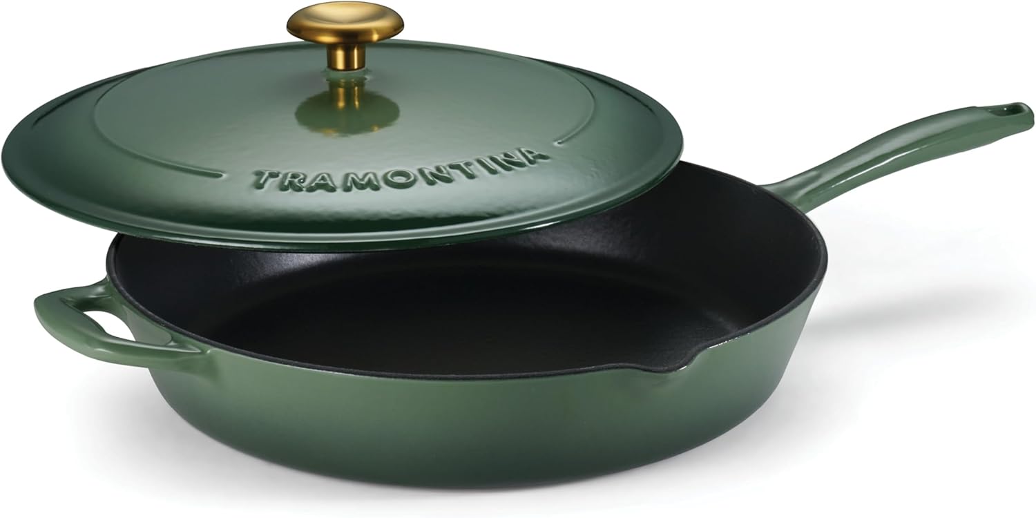 Tramontina Bestow 12-Inch Enameled Cast Iron Skillet with Lid - Cactus, Gold Knob, Oven-Safe Frying Pan