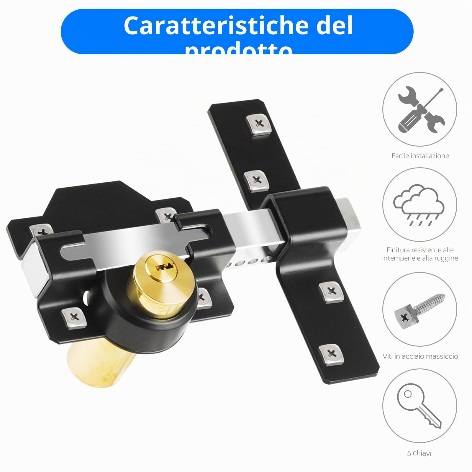 Mortrise Lock, serratura per porta a corsa lunga per porta in legno, blocco a doppia faccia, adatta per porta di 50 mm di spessore, 5 chiavi