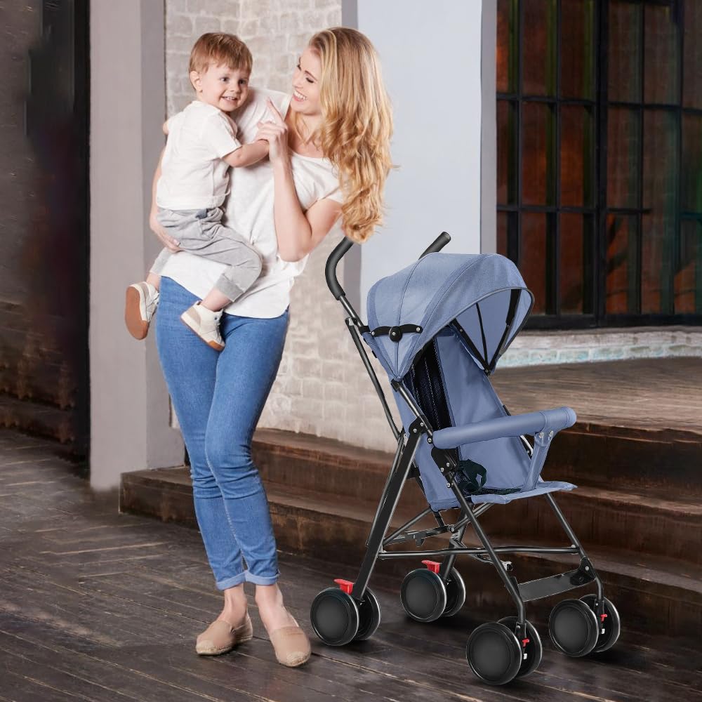 Poussette Canne Bébé Ultra Légère Compacte avec Housse de Pluie et Capote Extensible, Roue Absorbant Les Chocs Antidéflagrante (Bleu)