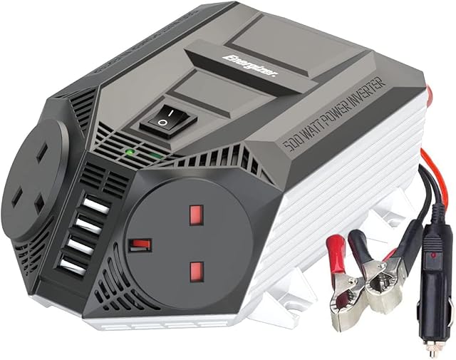Energizer 500W Power Inverter DC 12V to AC 240V Car Inverter Voltage Converter with Dual UK AC Outlet Socket, Car Cigarette Lighter Adapter, Battery Clamps and Four USB Ports - CE Approved