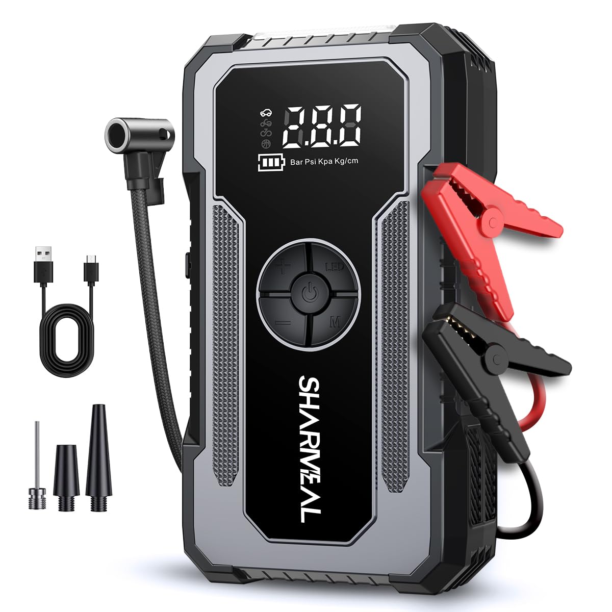 Sharmeal Jump Starter showing portable power bank output capabilities